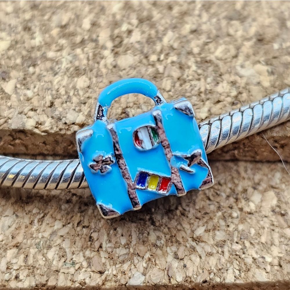 5/$21 ❤️ BLUE ENAMEL SUITCASE LUGGAGE BAG CHARM BEAD FOR PANDORA BRACELETS